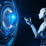 Human like robot talking to artificial intelligence. Concept. 3D illustration